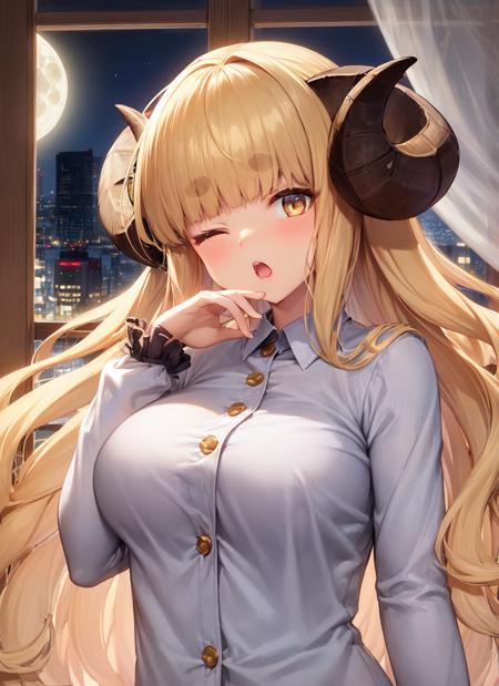 19003-1232996112-best quality, anila, 1girl, solo, white buttoned pajamas, very long hair, one eye closed, yawning, hand to mouth, (large breasts.png